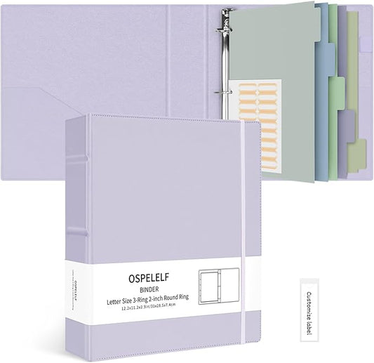 Ospelelf Vintage Hardcover 3 Ring 2 inch Leather Binder, Professional Binders Organizer Suitable for Letter Size Documents, Binder Dividers with Tabs, Purple