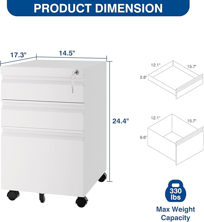 Fesbos 3 Drawer Mobile Metal File Cabinet, White Filling Cabinets with Lock, Pre-Built Office Storage File Cabinet with Wheels Under Desk - Assembled Required