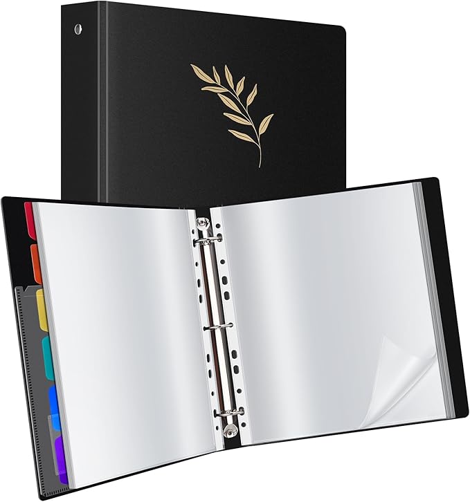 Uquelic 50-Pocket Binder with Plastic Sleeves for Letter/A4 Size(11" x 8.5"), Golden Leaf Printed Cover, Document Binder Organizer for Papers, Certificates and Artwork with Rainbow PP Divider Pages