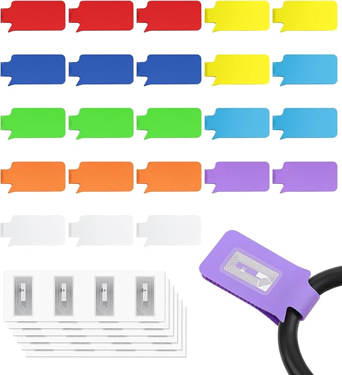SummerBrite 24-Pack Smart NFC Cable Labels with Blank Stickers, Programmable Reusable Wire Tags for Electronics, Cord ID & Cable Management for Automation, IT Server - Rectangle