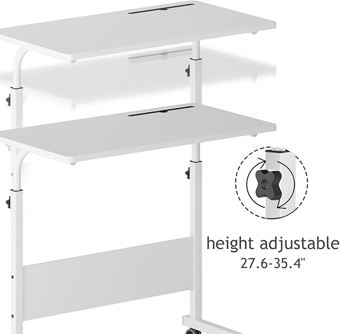 DlandHome Rolling Desk Adjustable Standing Desk, Mobile Side Table 31.4 Inches w/Wheels Adjustable C Table Movable Portable Laptop Computer Stand for Bed Sofa,White
