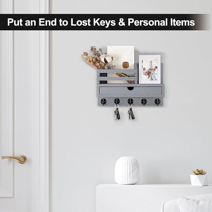 Lucundm Key Holder Wall Mount, Mail Holder with Storage Drawer and 5 Key Hooks for Coat, Dog Leash, Home Decor Rack, House Accessories, Entry Way Organizer (Gray)