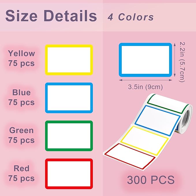 300 PCS Name Tag Stickers - 3.5'' x 2.2'' 4 Colors, Self-Adhesive Sticker Name Tags for School, Office, Home, Party, Meeting