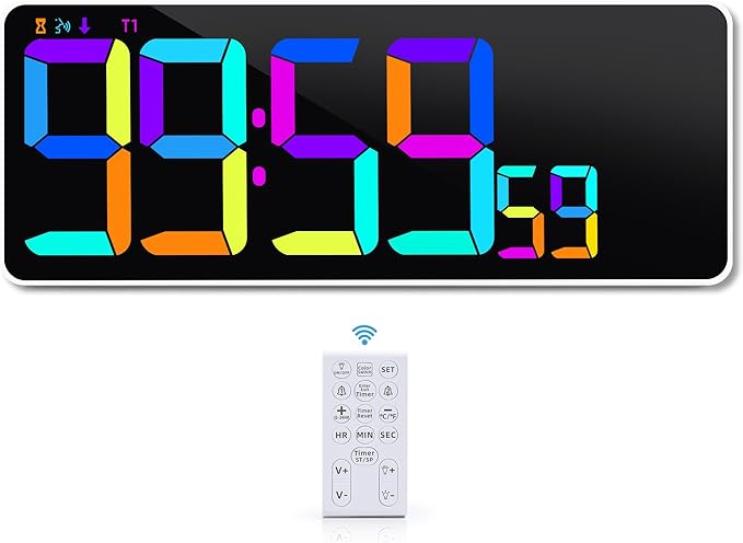 KMMKGG Large 13.7" LED Digital Timer（5''Nunmber）, 11 Color Changing, Count Up/Down Timer with Remote Control, Adjustable Brightness Wall Clock for Home, Office, Gym, Elderly, Auto DST