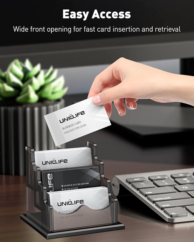 Uniclife Acrylic Business Card Holder for Desk 3 Slots Horizontal Business Card Display Stand for Men and Women Desktop Name Card Organizer Card Stand for Office Home, 180 Card Capacity, Black