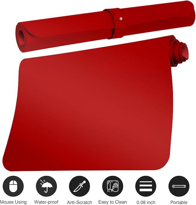 Boutilon Leather Desk Pad Protector,Non-Slip Mouse Pad,Laptop Desk Pad,Office Mouse Mat,Waterproof Leather Desk Blotter,Desk Writing Pad for Office and Home (XL-Red,35.4"x 15.7")