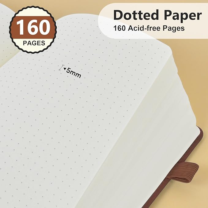 PERCUN Dotted Journal Notebook for Men & Women, 160 Pages Dot Grid notebook for Note Taking, Bullet Journaling Notebook for Work, School, Travel, Writing, A5 Hardcover 5.9" x 8.5" (Brown)