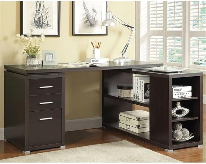 Pemberly Row L Shape Corner Storage Desk in Brown Cappuccino, Letter/Legal File, 5 Bookshelves