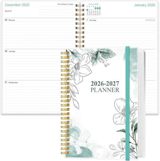 2026-2027 Planner - 18 Months Weekly & Monthly Planner from January 2026 - June 2027, Spiral Planners 2026-2027 with Elastic Closure, Inner Pocket, Medium 5.8" x 8.3", Teal Flower