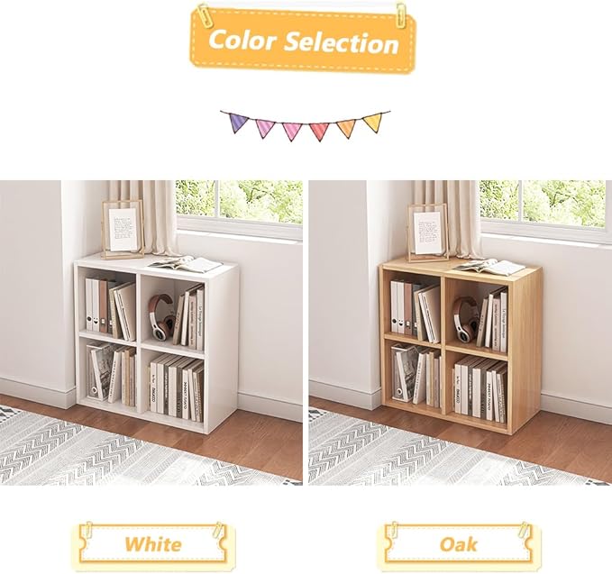 NELYE 4 Cube Organizer Bookcase - Fabric Storage Bins Container, Open Shelf Simple Compartments Bookshelf, White