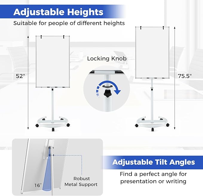 Goplus 40” x 26” Rolling Whiteboard, Height Adjustable Magnetic Dry Erase Board on Wheels with Round Stand, Paper Clips, Storage Tray, Paper Pad, Magnets, Markers, Mobile White Board for Office School
