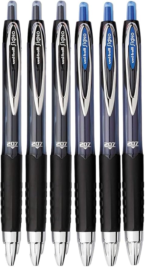 Advantage Gifts Signo 207 Roller Ball Retractable Gel Pens, Medium Point (0.7mm), Black And Blue Ink, 6 Count, Bundle with Plastic Reusable Pouch