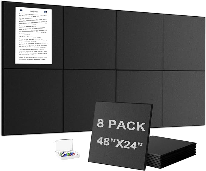 G Gamit Large Felt Wall Tiles Bulletin Board,Large Cork Board Alternative with 30 Pushpins,8-Pack Felt Pin Board with 56 Safe Removable Adhesive Tabs for Home Office School (Black)