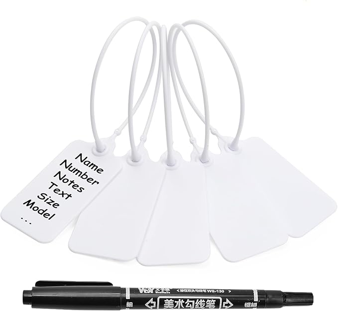 100 White Blank Plastic Tags for Labeling Waterproof Hanging Labels Writable Tags Seal Plastic Marking Label for Clothes Bags Keys Inventory with One Marker Pen