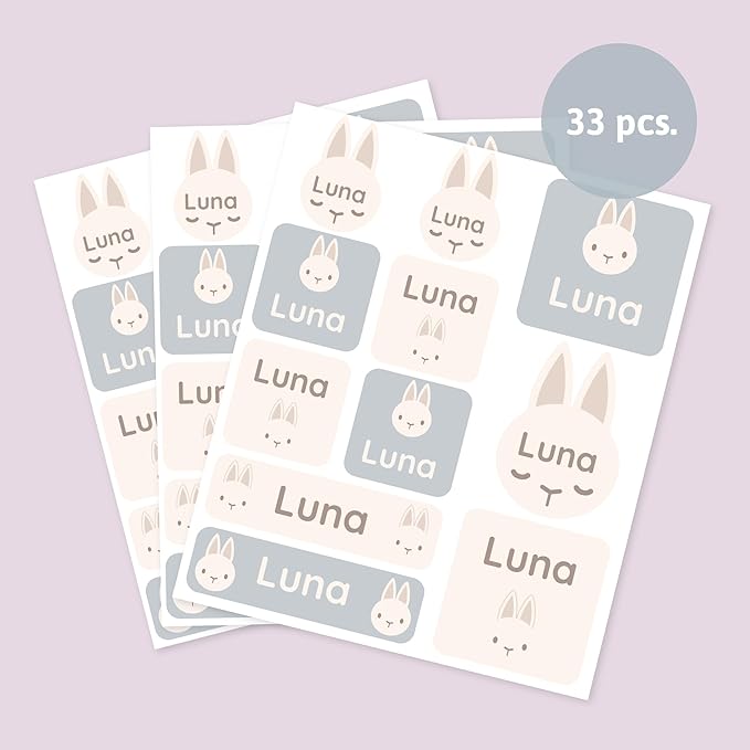 Large Name Labels for Kids (33) - Custom Stickers for Daycare and School Supplies - Durable, Waterproof Stickers for Water Bottles, Lunch Boxes, and More with Unique Designs - Bunny