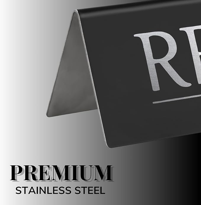 12 Reserved Table Signs – Black Stainless Steel with Silver Mirror Lettering | Elegant, Durable & Reusable Reserved Signs for Wedding Receptions & Restaurants | Wedding Accessories & Restaurant Supplies by Adaptic Group®