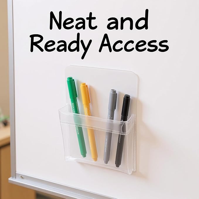 DORMIYA 6 Pcs PVC with Strong Attachment Force Pen Marker Holders, 4.7x6.5 in Clear with Strong Attachment Force Pocket Pouch for Whiteboard, Versatile Use for Pen Stationery and Locker Accessories