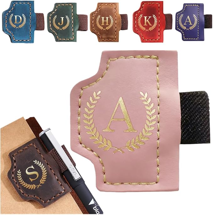 Personalized Mark Bookmark with Pen Holder, Leather Magnetic Book Marker 26 Letters,Custom Initials Page Marks, Gifts for Book Lovers Readers Men Women (Pink, A)