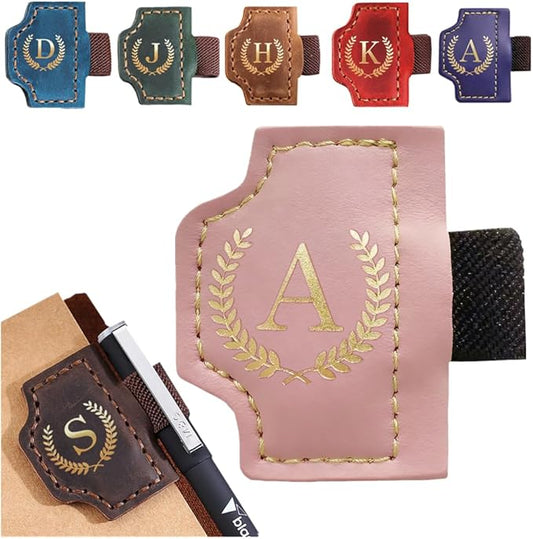 Personalized Mark Bookmark with Pen Holder, Leather Magnetic Book Marker 26 Letters,Custom Initials Page Marks, Gifts for Book Lovers Readers Men Women (Pink, A)