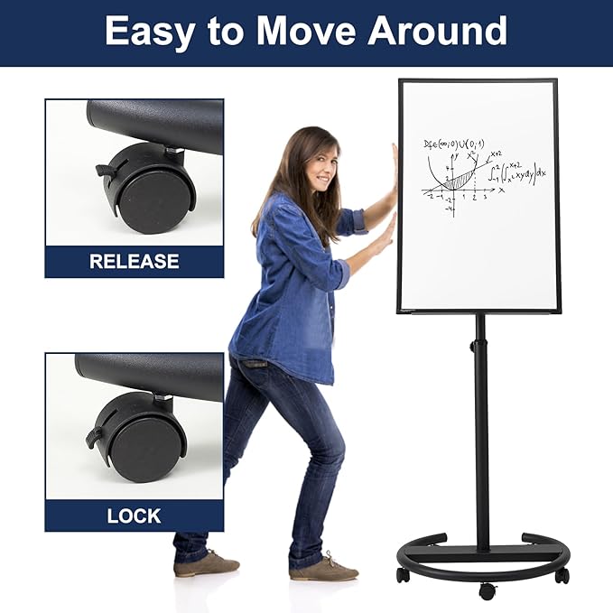 TSJ OFFICE Mobile Whiteboard Standing - 36 X 24 Inches Magnetic Rolling White Board, Height Adjustable Dry Erase Board on Wheels with Flip Chart Hooks, Black