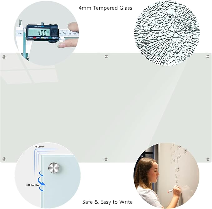 Glass Whiteboard 6' x 3', Magnetic Glass Dry Erase Board Frameless Wall Mounting, Large White Board for Office Home & School