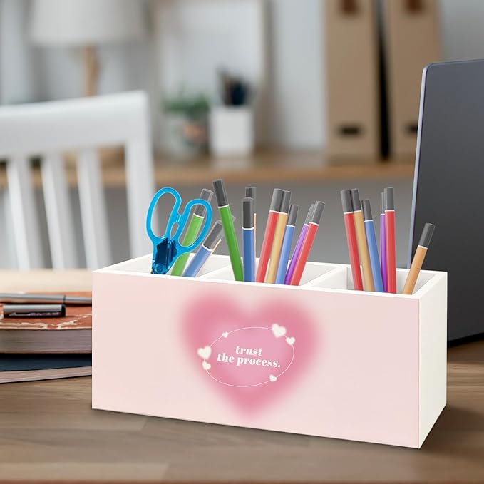 URLLUAE Preppy Pink Heart Aura Inspirational Wooden Pen Pencil Holder for Office Desk Accessories, Trust the Process Spiritual Positive Makeup Brush Toothbrush Holder Organizer