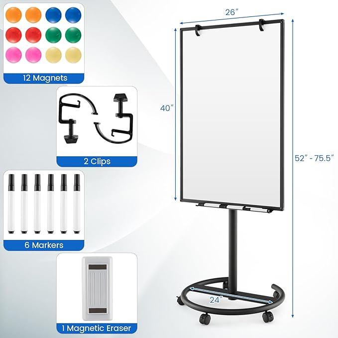 Goplus 40” x 26” Rolling Whiteboard, Height Adjustable Magnetic Dry Erase Board on Wheels with Round Stand, Paper Clips, Storage Tray, Paper Pad, Magnets, Markers, Mobile White Board for Office School
