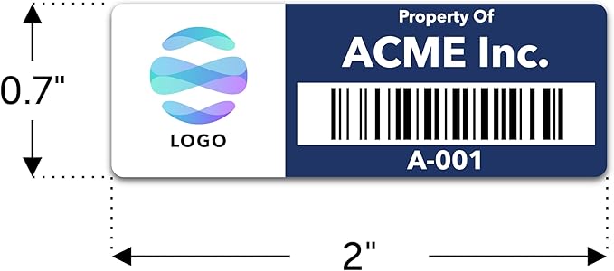 Custom Asset Tags (Upload Your Logo) - Asset Labels with Barcodes - 2” x 0.7” (50-5000 Labels)