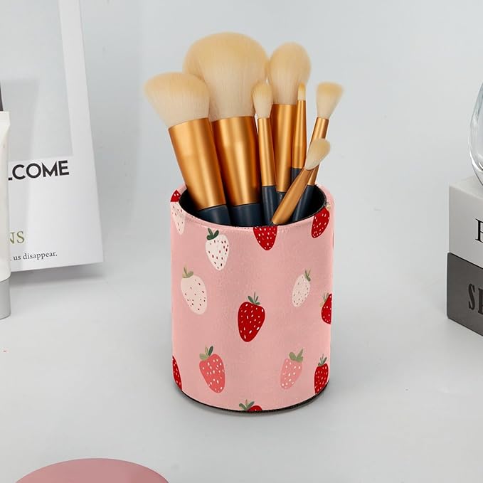 Leather Pen Holder for Desk Strawberries Pencil Cup Desktop Organizer Makeup Brush Holders Office Supplies for Home, Kids & School