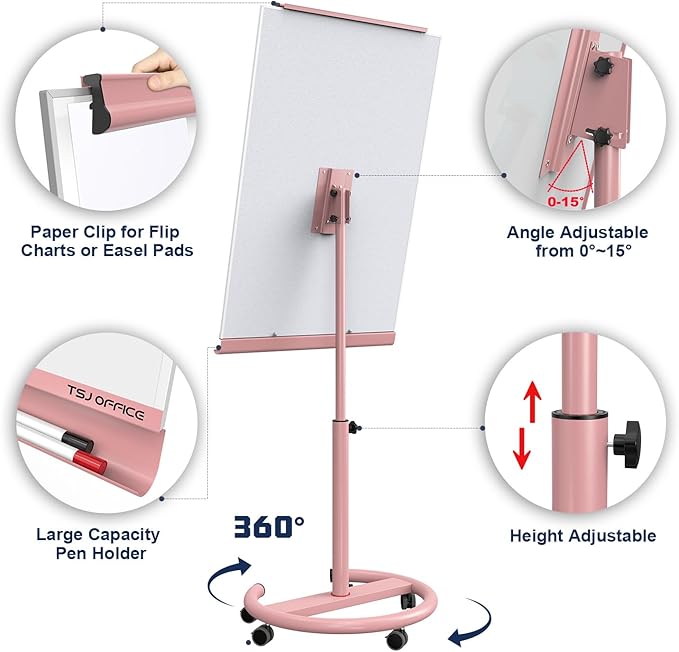 TSJ OFFICE Rolling Whiteboard Standing - 40 x 26 Inches Magnetic Mobile White Board with Stand, Height Adjustable Dry Erase Board on Wheels with Paper Clamp on Top, Pink