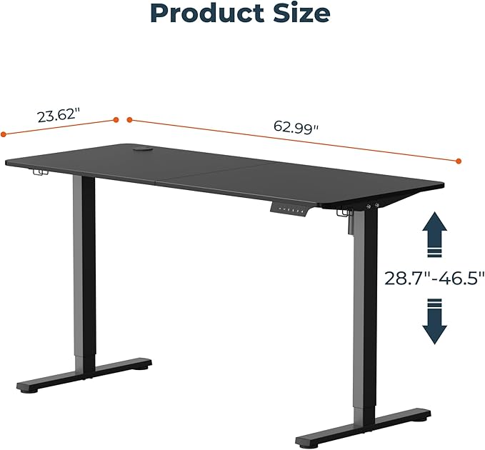 FitStand Adjustable Stand Up Desk Standing Desk, 63x24 Inches Home Office Desk with Memory Preset, Computer Workstation Splice Black Top + Black Frame
