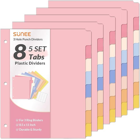 SUNEE 8 Tab Binder Dividers,Plastic Dividers for 3 Ring Binder,3 Ring Binder Dividers with Tabs for School Office Home Supplies,Pastel Color, 5 Set