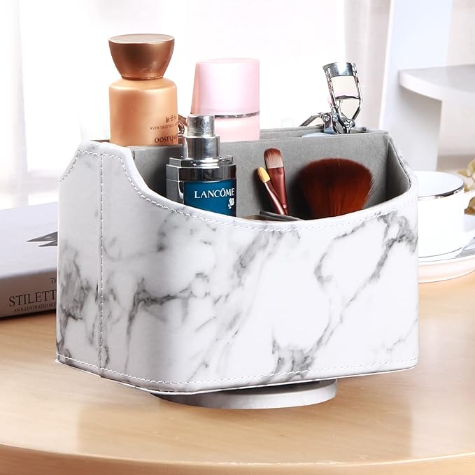 PUSU Leather 360°Rotatable Remote Control Holder,Nightstand TV Remote Caddy,Office Supplies Desktop Organizer,Spinning Storage Box for Pen,Mail,Phone,DVD, Blu-Ray, Media Player, Heater Controllers