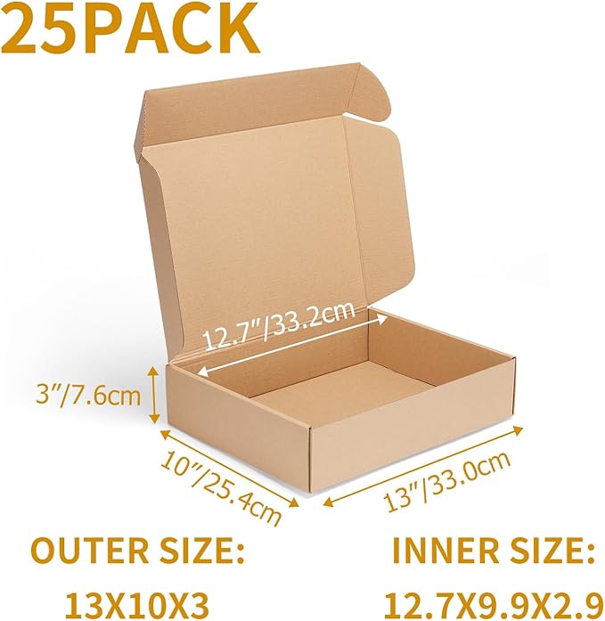 PHAREGE 13x10x3 inch Shipping Boxes Bulk 25 Pack Brown, Tab Lock Tuck Top Mailer Boxes for Packaging Small Business, Medium Cardboard Gift Boxes for Wrapping Mailing Present