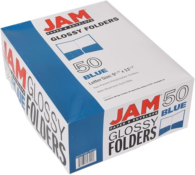 JAM PAPER Laminated Two Pocket Glossy School Folders - Letter Size - High Gloss Blue - Bulk 50/Box