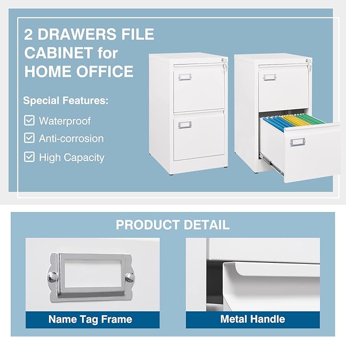 PEUKC 2-Drawer File Cabinet, 16.3" Deep Vertical Filing Cabinet with Lock, Metal File Cabinet for Home Office, Anti-Tip 2 Storage Drawers for Letter/Legal/A4/F4 Size (Assemble Required, White)
