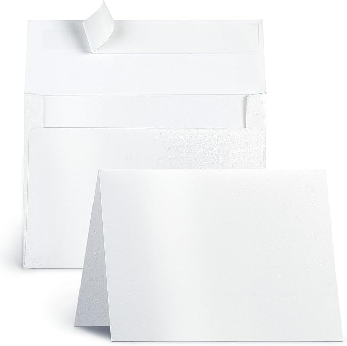 White Shimmer 5x7 Blank Cards and Envelopes, Goefun Pearl White Folded Cardstock and A7 Envelopes Self Seal 100 Pack for Wedding, Invitations, DIY Greeting Cardstock, Thank You Cards & All Occasion