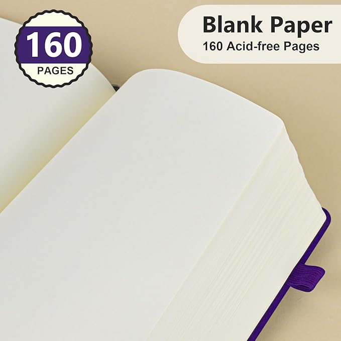 PERCUN Blank Journal Ntebook for Men & Women, 160 Pages Blank Journals for Writing, Drawing,Sketch Book,5.9" x 8.5" Leather Sketchbook, Unlined Notebook for Work, School, Art (Purple)