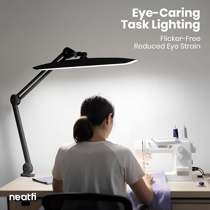 Neatfi XL 2,200 Lumens LED Desk Lamp with Clamp, 24W Bright Architect Task Lamp, 20 Inches Dimmable Computer Light, Adjustable Desk Light for Home, Office, Crafts, Nails & Hobbies (Non-CCT, Black)