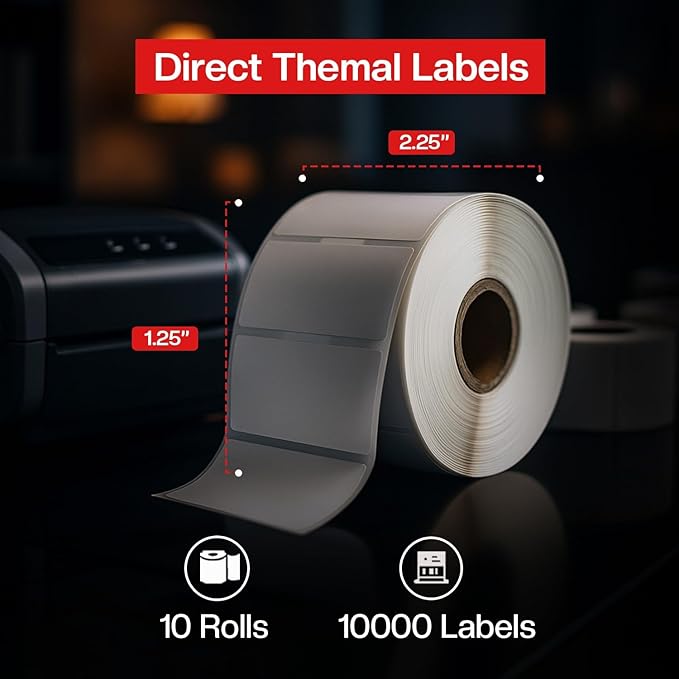 Direct Thermal Labels Roll 2-1/4" x 1-1/4",10 Rolls(10,000 Labels),Compatible with Zebra, Rollo,Eltron &TSC Label Printer,Strong Adhesive Perforated shipping labels for Packages, Barcodes & Office Use
