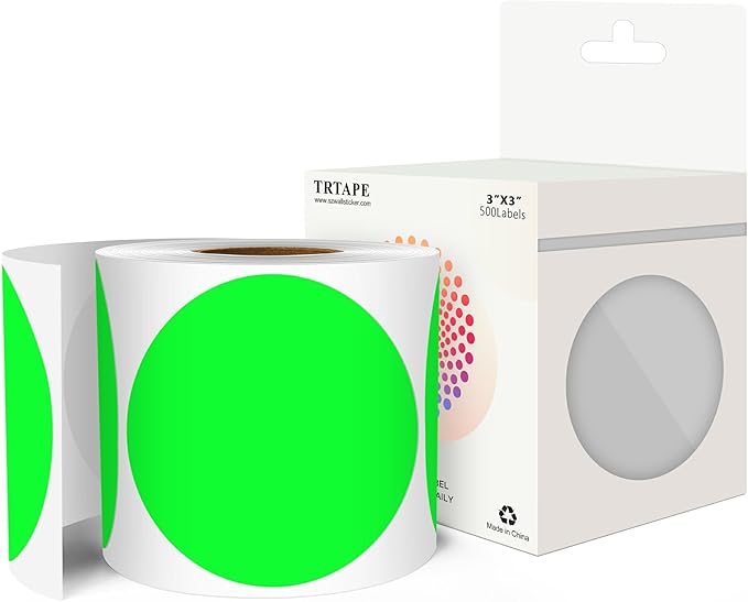 3 Inch Round Color Coding Labels (500 per Roll) - Colored Dot Stickers Round Labels for Inventory, Warehouse, Office Organizing - Fluorescent Green Circle Stickers