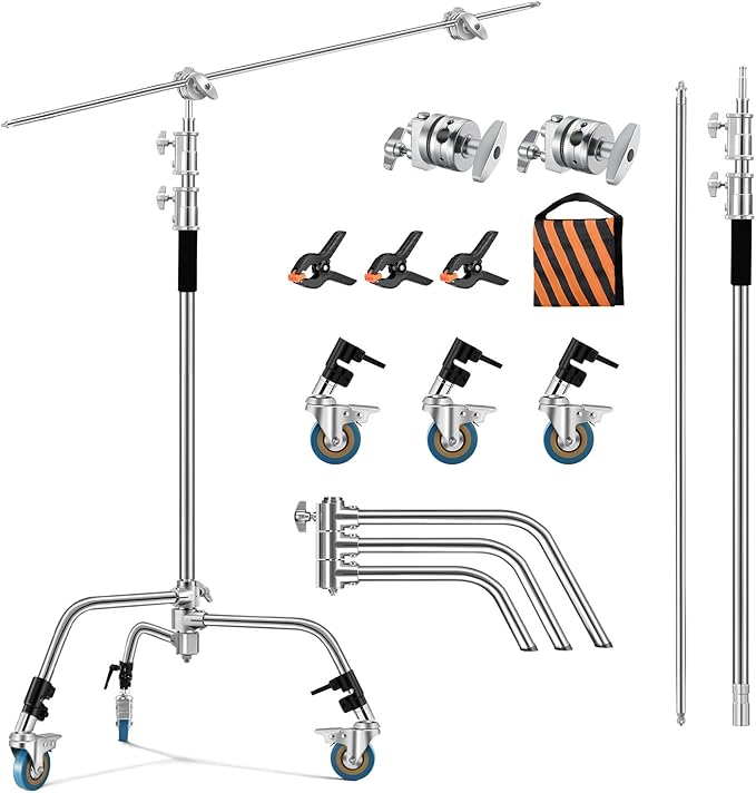 Soonpho Adjustable 10ft/3.3m Heavy Duty Light Stand with Boom Arm and Wheels,100% Stainless Steel Reflector C-Stand with Grip Head & Sandbag &Clamps,for Studio Video Reflector,Monolight,Softboxes