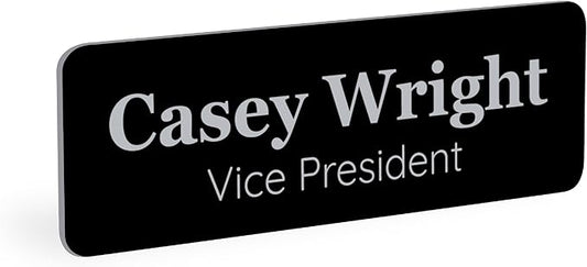 ExcelMark Custom Name Tag - Engraved Name Badge with Pin or Magnetic Backing, 16 Colors, 6 Fonts, and 2 Sizes to Choose from (Black w/Silver Letters, 1"x 3")