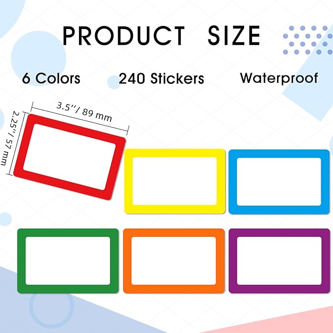 Yeachlaing 6 Color Name Tag Stickers, 240PCS Waterproof Stickers 3.5X2.25 Inch Name Labels for Office, School, Classroom and Home