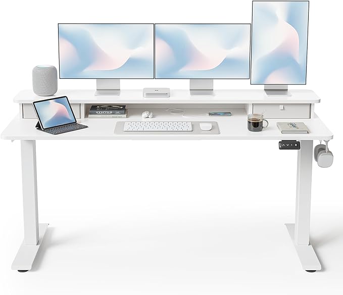 FEZIBO 60 x 24 Inch Height Adjustable Electric Standing Desk with Double Drawer, Stand up Home Office Computer Desk with 4 Height-Adjustable Feets & 2 Hooks, White