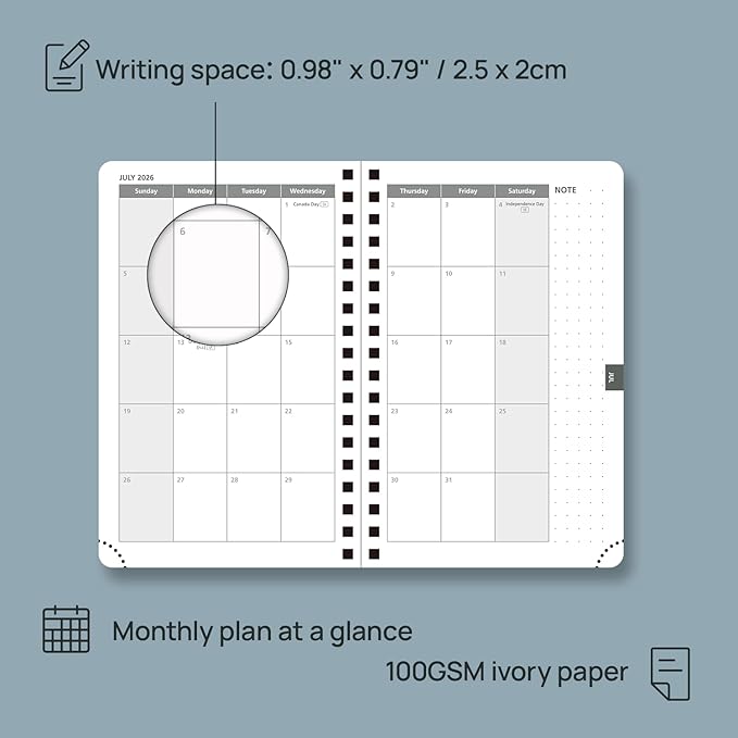 POPRUN Pocket 2026 Planner (Small Size- 4'' x 6.25'') Weekly and Monthly for Purse - Calendar 2026 (Jan. 2026 - Dec.2026) with Soft Cover, Plastic Ruler - Blue Green