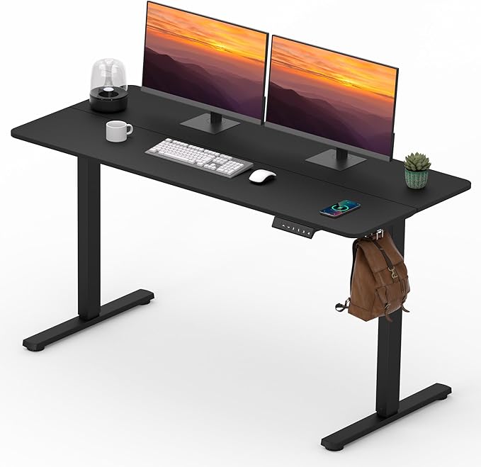 FitStand Adjustable Stand Up Desk with Memory Preset, Standing Desks 55 x 24 Inch Electric Home Office Desk Computer Workstation Splice Black Top + Black Frame