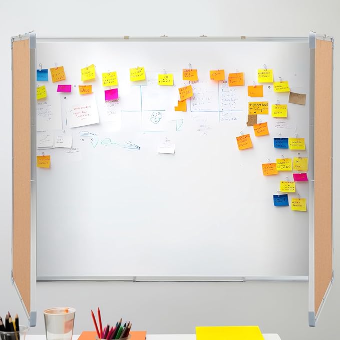 Mooliwe 48"x18" Tri-fold Cork Board Whiteboard Combo, Foldable Combination Magnetic Dry Erase Bulletin Board & Corkboard with Aluminum Frame Wall Mounted for Home, Office and School(Wood)