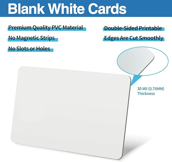 25 Pack - Premium Blank PVC Cards for ID Badge Printers - Premium Quality White CR80 30 Mil (CR8030) by KLMNDUO - Compatible with Most Photo ID Badge Printers(White)