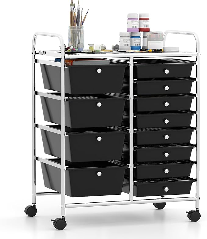 Giantex 12 Drawer Rolling Cart with Drawers, Storage Organizer Cart for Classroom Office School Teacher, Mobile Drawer Cart for Tools, Crafts, Small Printer, Black